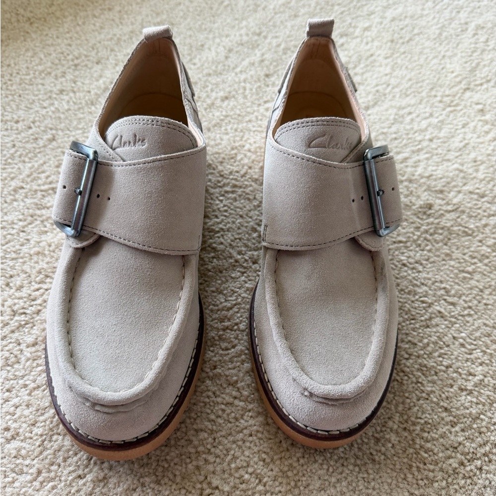 Clarks Women’s Light Beige Suede Monk-Strap Loafers